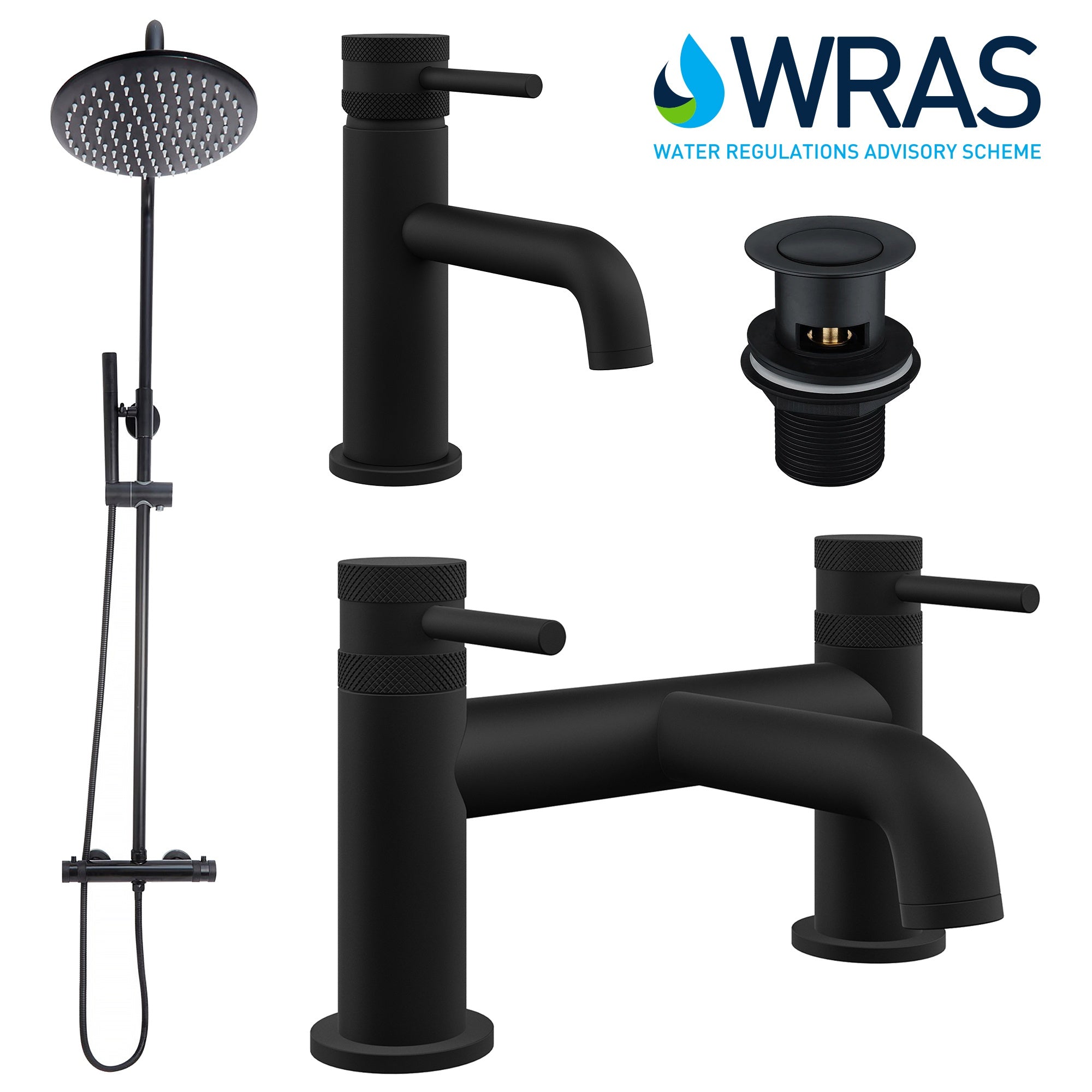 FNX Bathrooms Thermostatic Matt Black Shower, Basin Tap & Bath Filler Set with Waste