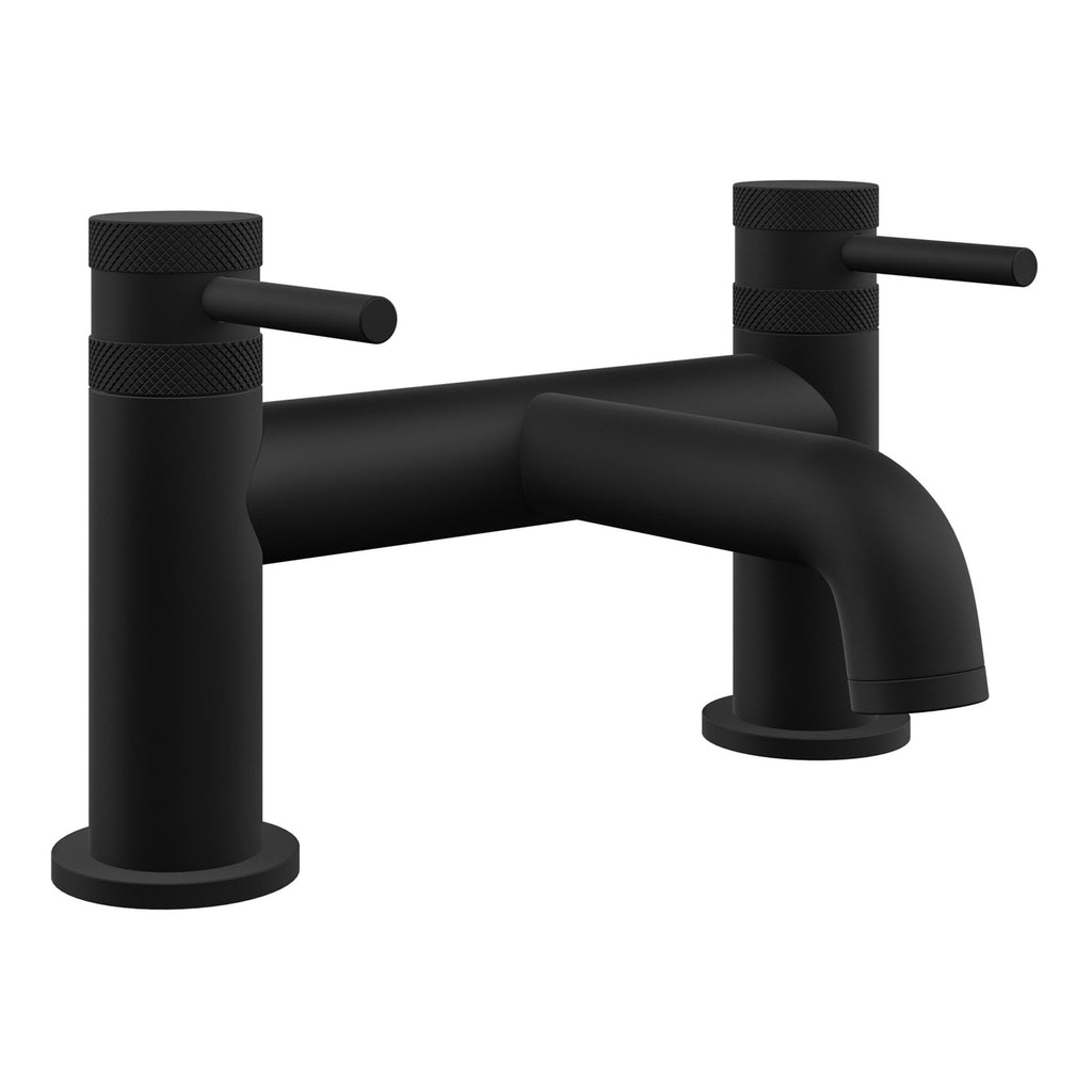 FNX Bathrooms Matt Black Solid Brass 2-Hole Deck Mounted Bath Mixer Tap with Knurled & Smooth Handles