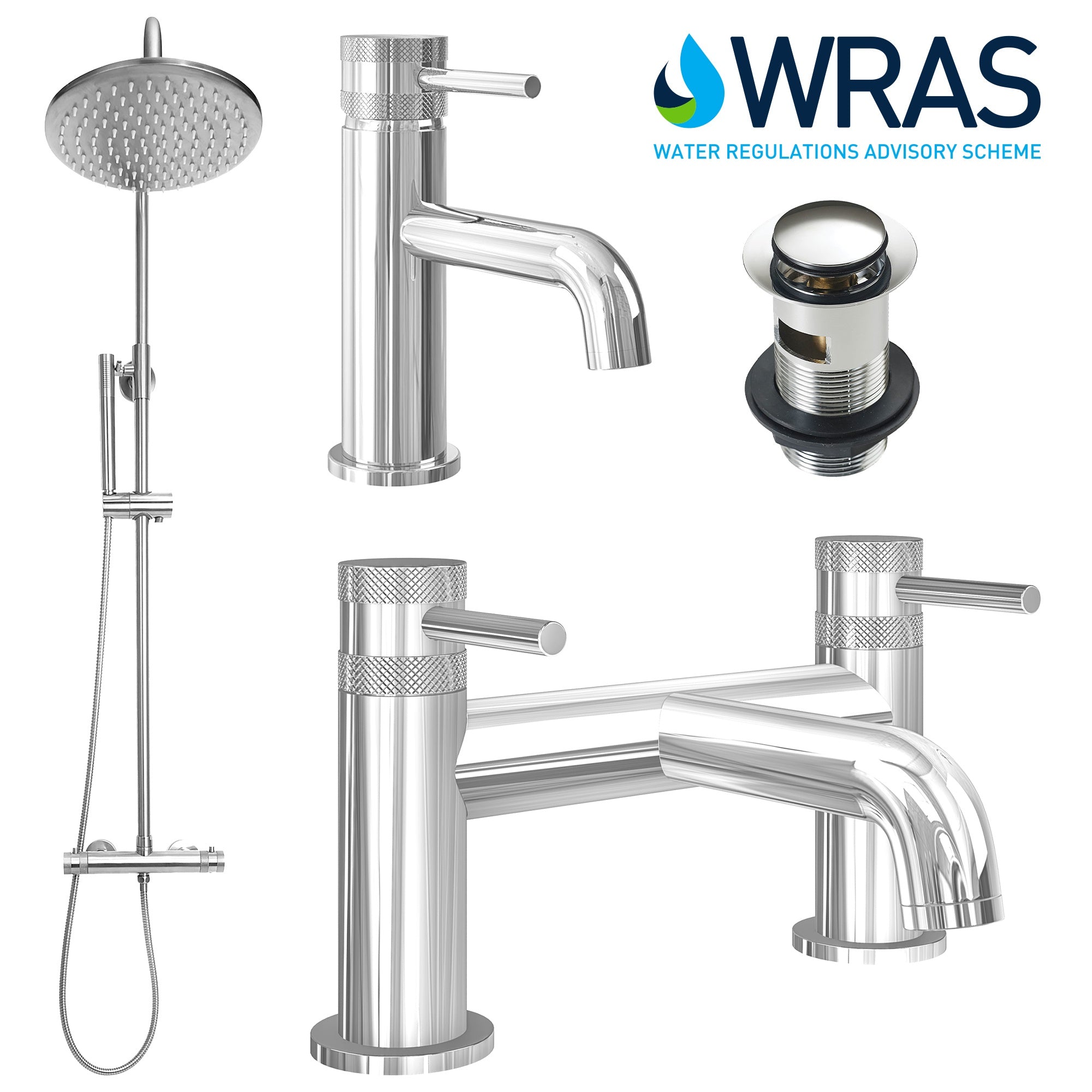 Chrome Thermostatic Rigid Riser Shower, Basin Mixer & Bath Filler Set with Pop-Up Waste, Solid Brass