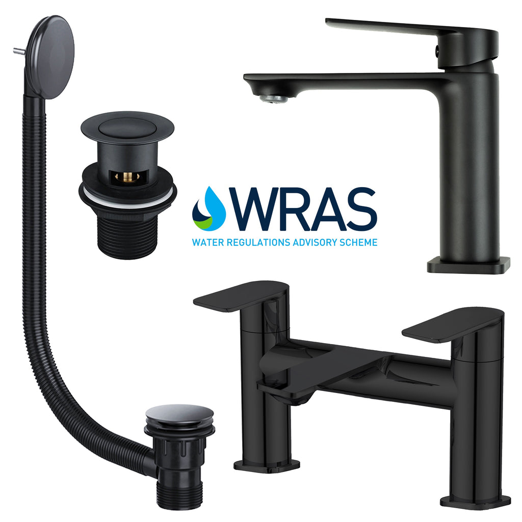 FNX Bathrooms Matt Black Tap Set: Basin Mixer & Bath Filler with Wastes - WRAS Approved, Modern Design