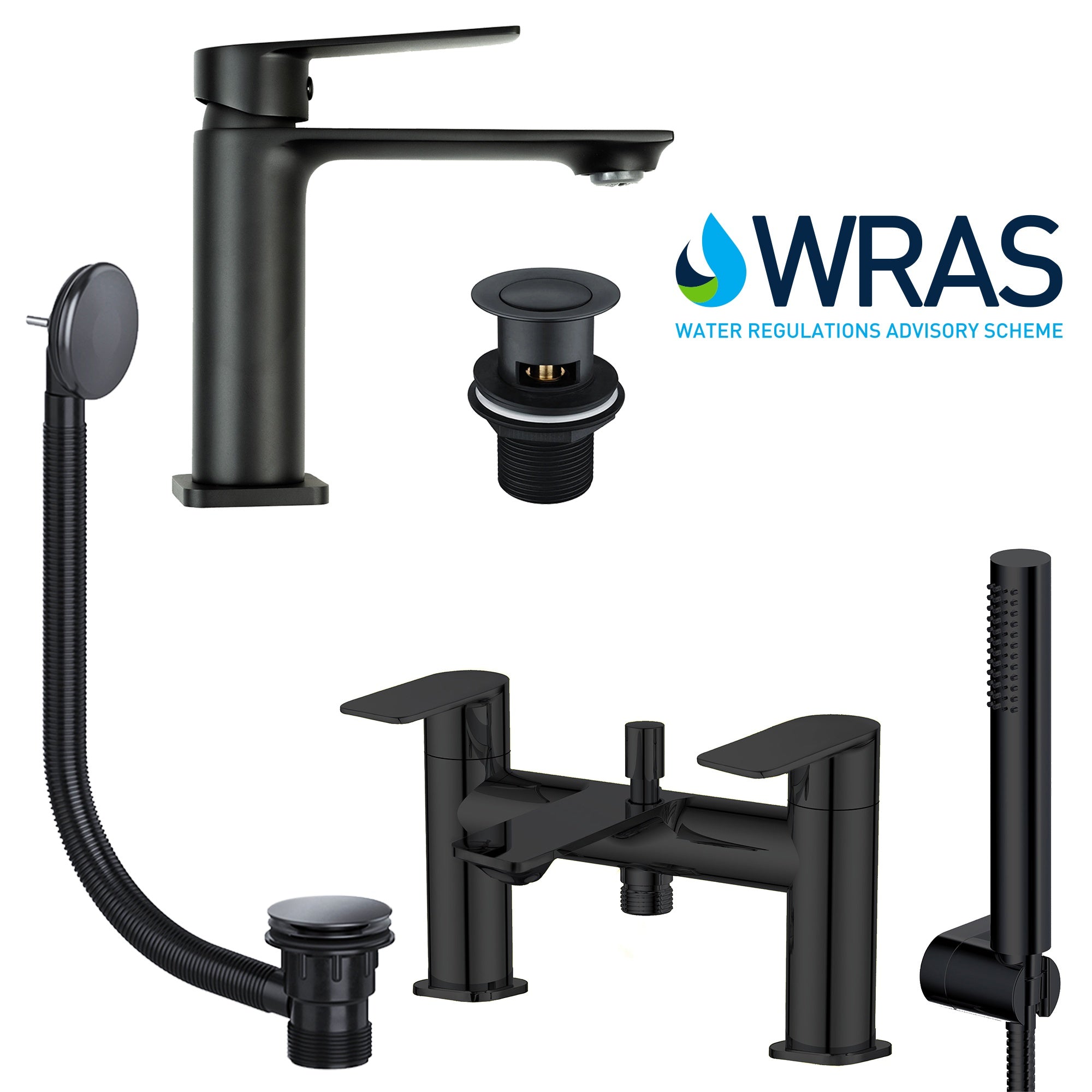 FNX Matt Black Bathroom Tap Set: Basin Mono Mixer, Bath Shower Mixer & Matching Wastes