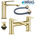Modern Brushed Brass Bathroom Tap Set: Basin Mono Mixer & Bath Filler with Matching Wastes & WRAS Approved