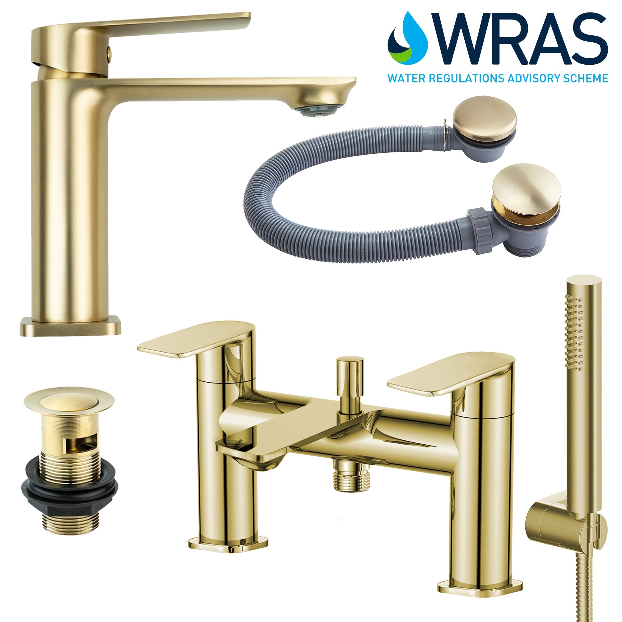 Modern Brushed Brass Basin Mixer & Bath Shower Mixer Tap Set with Matching Wastes - WRAS Approved