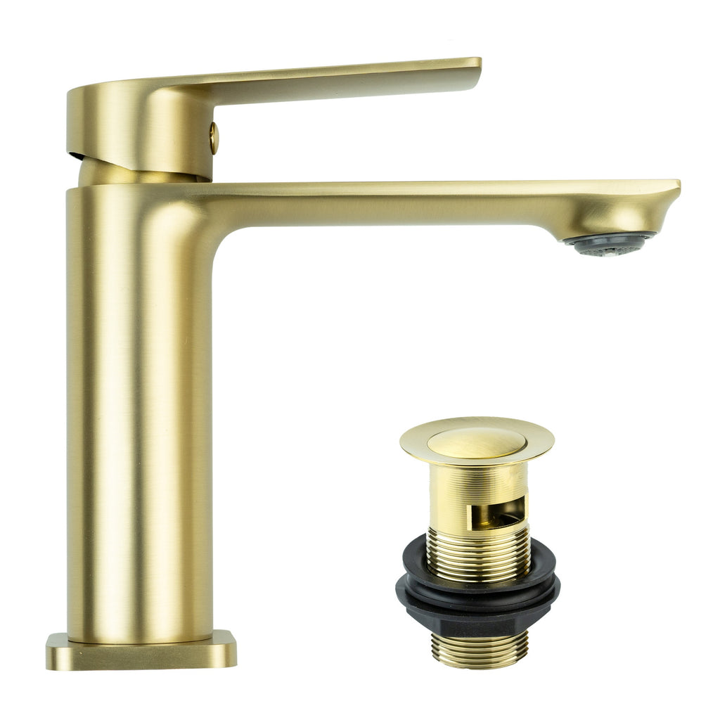 Modern Brushed Brass Basin Mixer & Bath Shower Mixer Tap Set with Matching Wastes - WRAS Approved