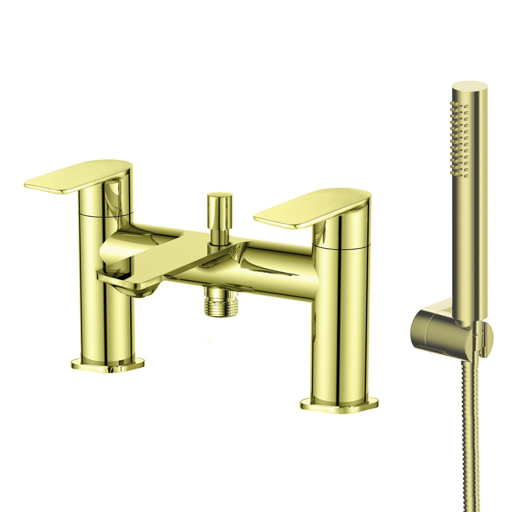 Modern Brushed Brass Basin Mixer & Bath Shower Mixer Tap Set with Matching Wastes - WRAS Approved