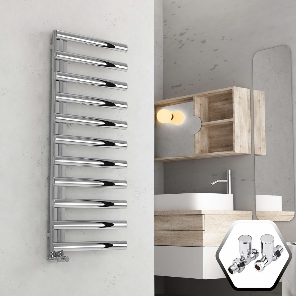 Bubly Bathrooms 500x1200 Chrome Designer Towel Warmer Radiator with Oval Tubes & Straight Valves