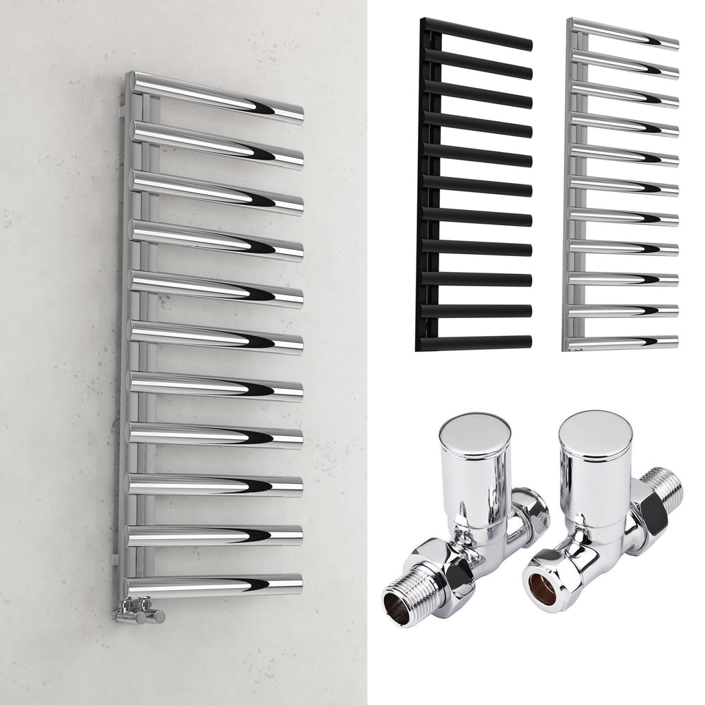 Bubly Bathrooms 500x1200 Chrome Designer Towel Warmer Radiator with Oval Tubes & Straight Valves