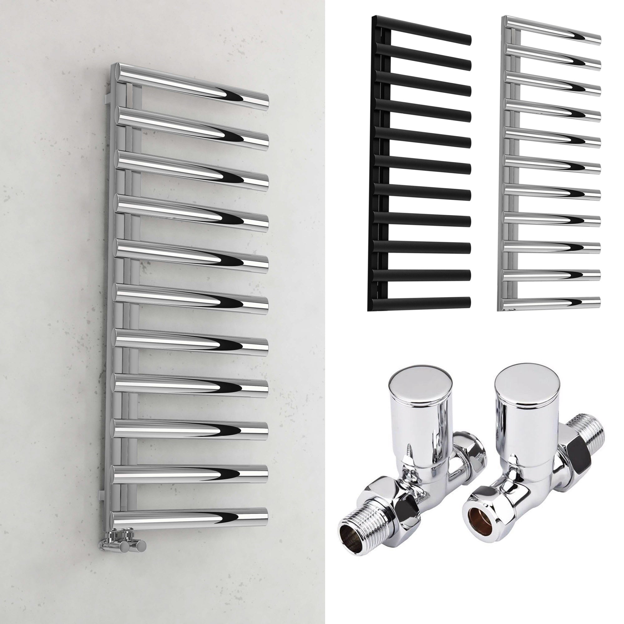 Bubly Bathrooms 500x1200 Chrome Designer Towel Warmer Radiator with Oval Tubes & Straight Valves