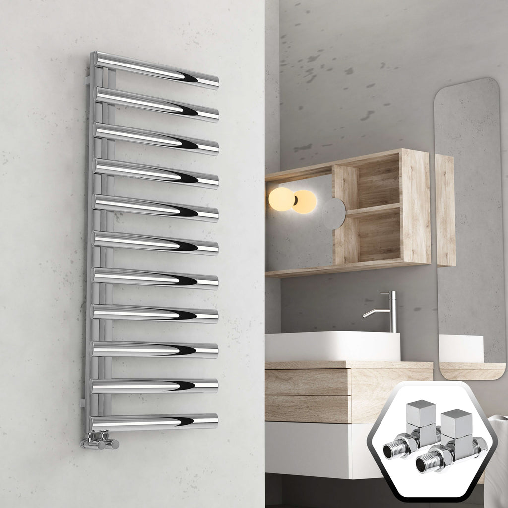 Bubly Bathrooms™ 500x1200mm Designer Chrome Towel Radiator - Steel Ladder Rail with Oval Tubes & Square Valves