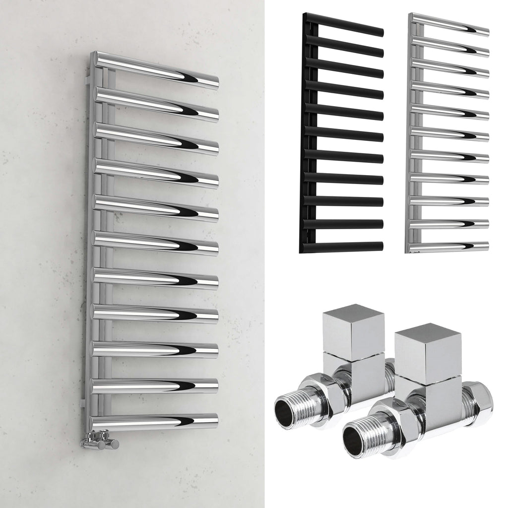 Bubly Bathrooms™ 500x1200mm Designer Chrome Towel Radiator - Steel Ladder Rail with Oval Tubes & Square Valves