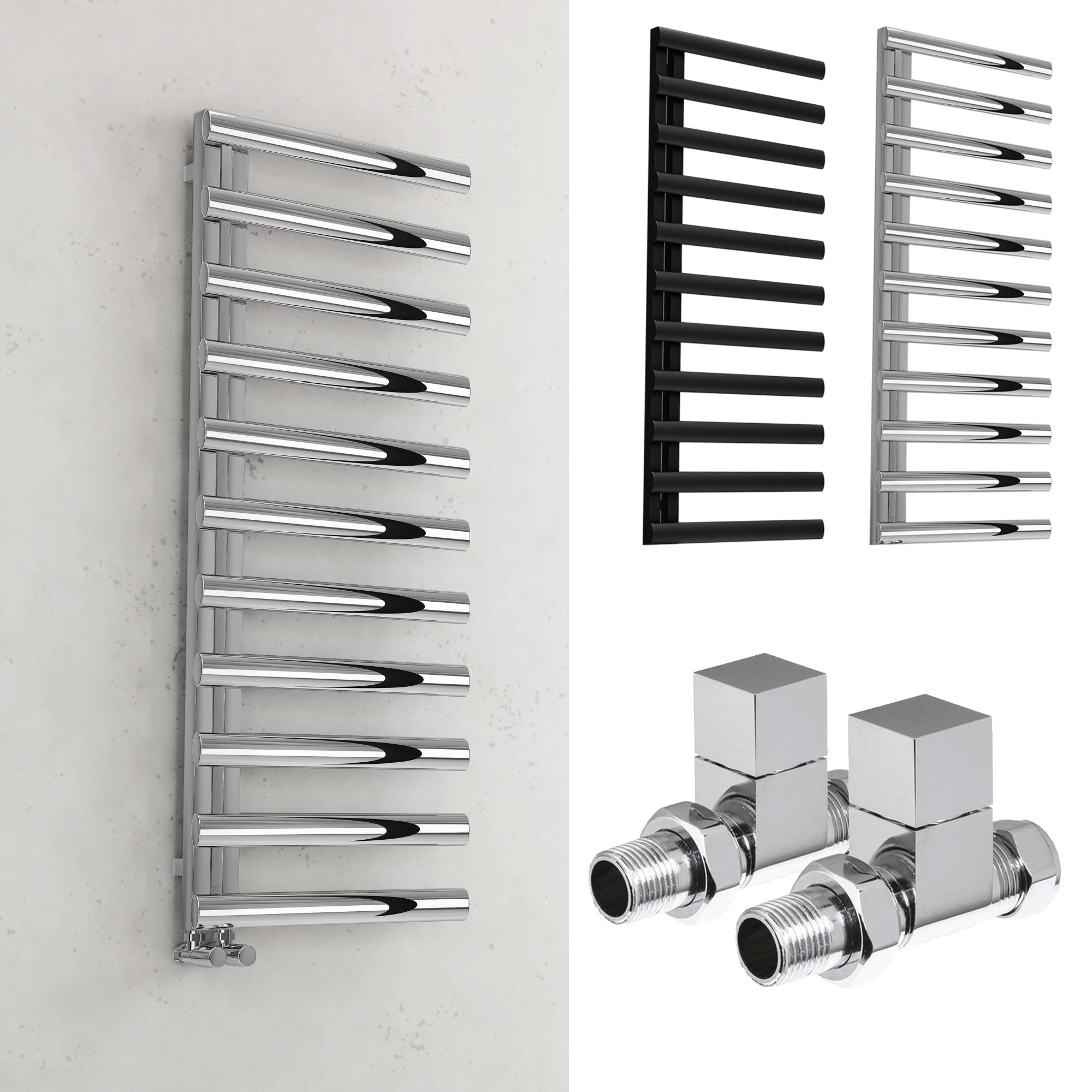 Bubly Bathrooms™ 500x1200mm Designer Chrome Towel Radiator - Steel Ladder Rail with Oval Tubes & Square Valves