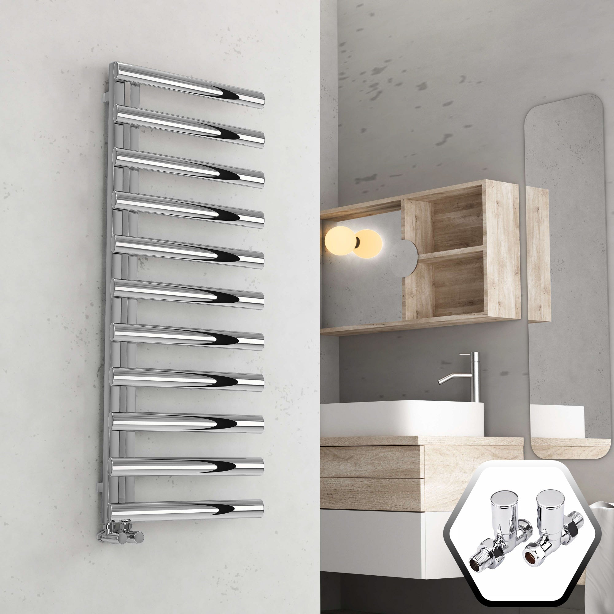 Bubly Bathrooms™ 500x1200 Vertical Chrome Designer Towel Radiator with Oval Tubes & Angled Valves