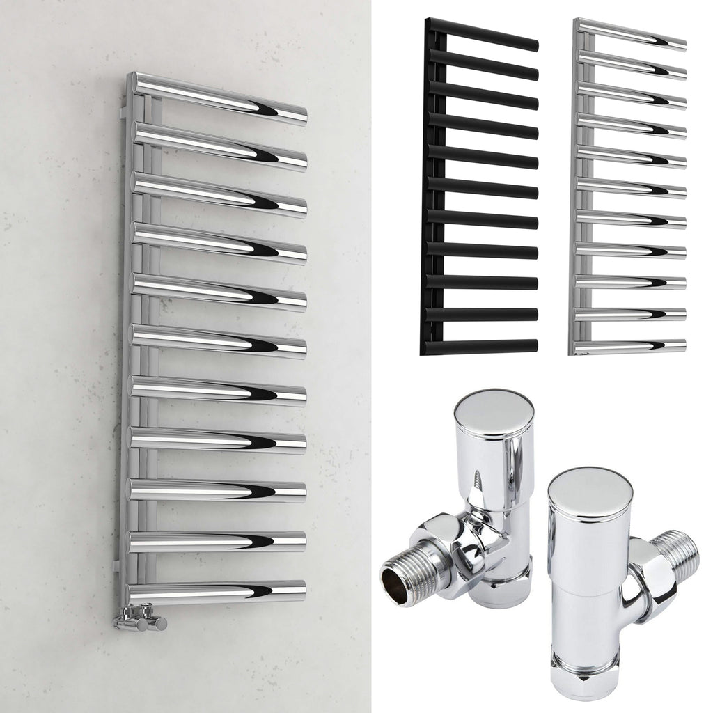 Bubly Bathrooms™ 500x1200 Vertical Chrome Designer Towel Radiator with Oval Tubes & Angled Valves