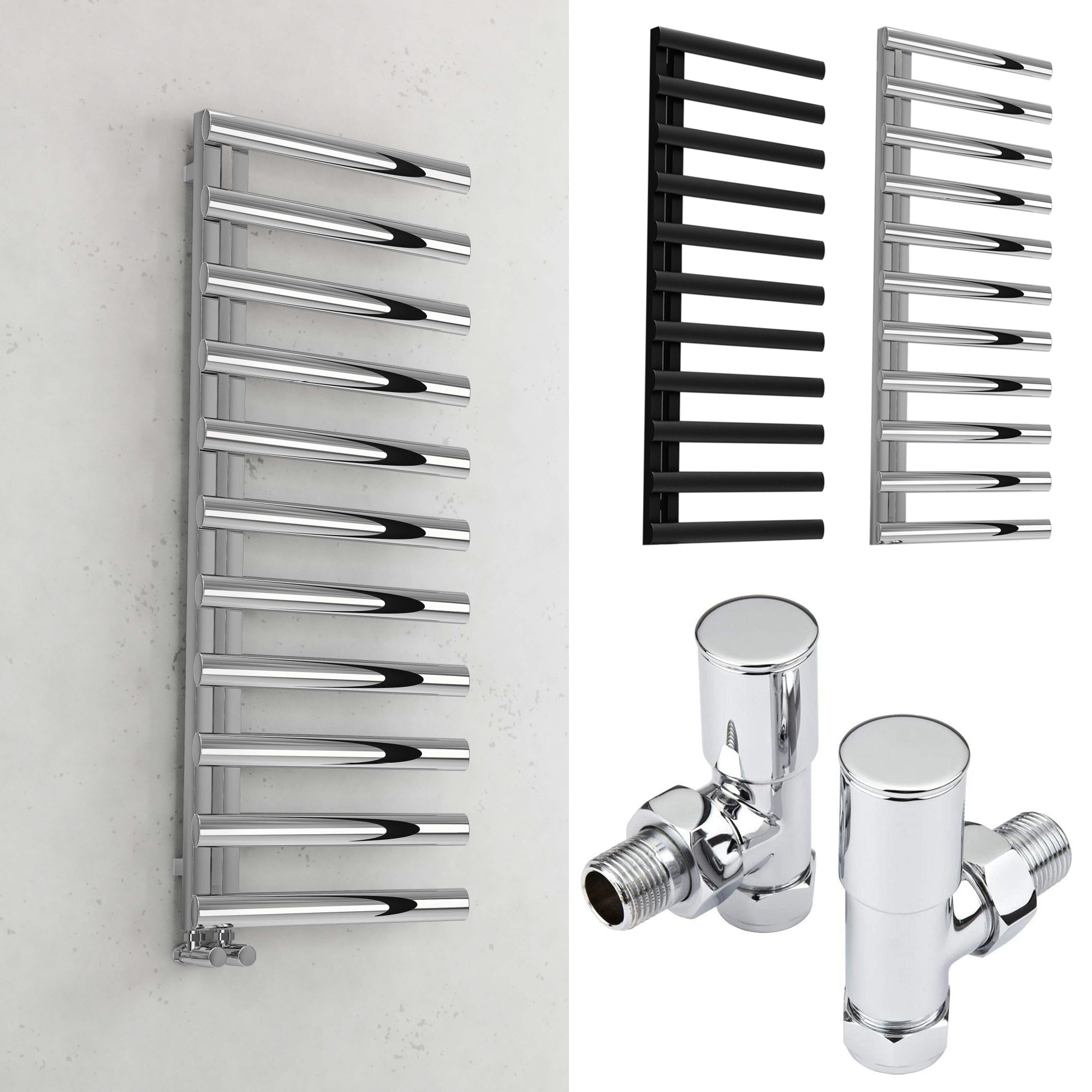 Bubly Bathrooms™ 500x1200 Vertical Chrome Designer Towel Radiator with Oval Tubes & Angled Valves
