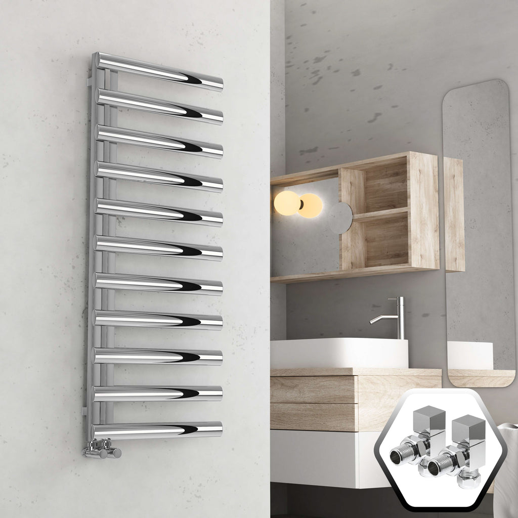 Bubly Bathrooms 500x1200 Chrome Designer Towel Warmer Radiator with Square Angled Valves