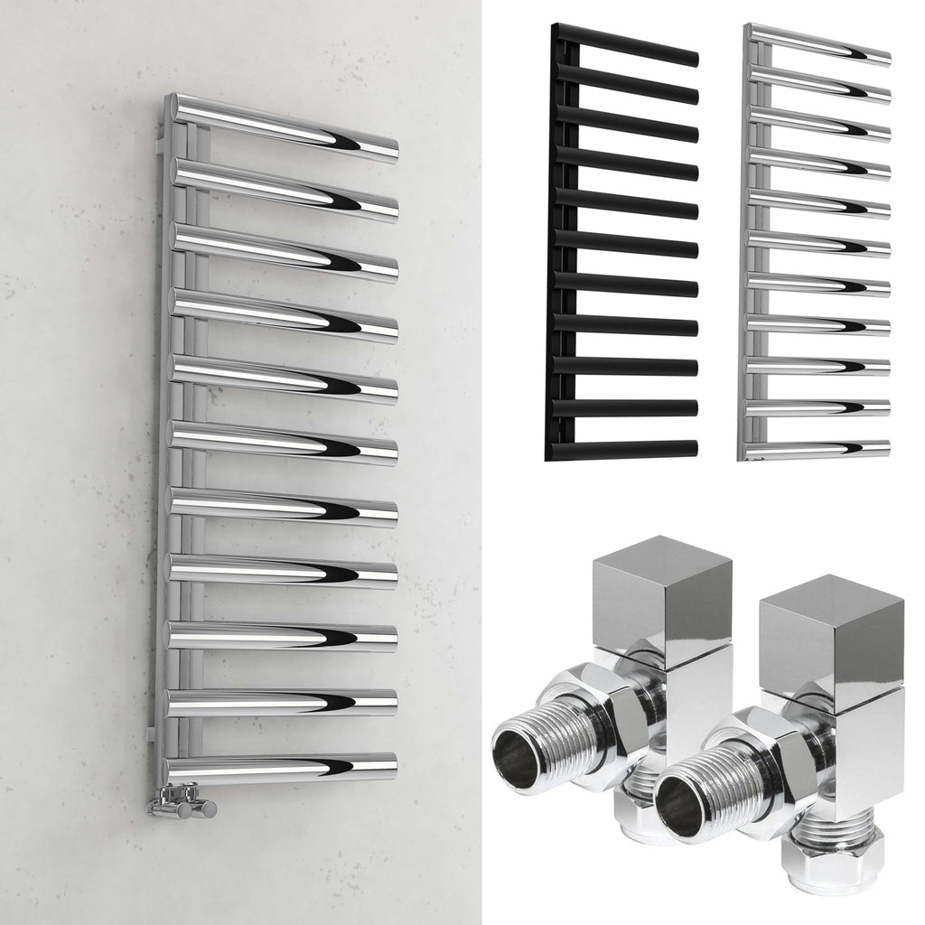 Bubly Bathrooms 500x1200 Chrome Designer Towel Warmer Radiator with Square Angled Valves