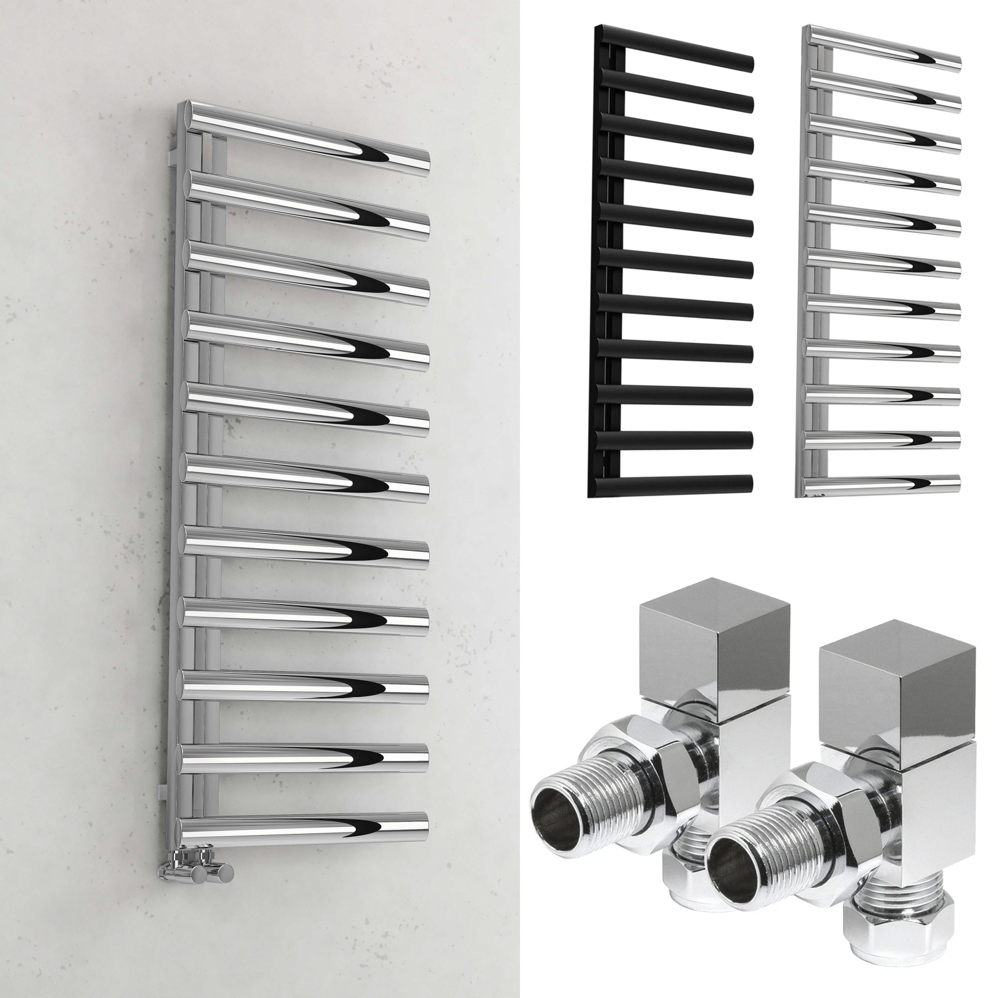 Bubly Bathrooms 500x1200 Chrome Designer Towel Warmer Radiator with Square Angled Valves
