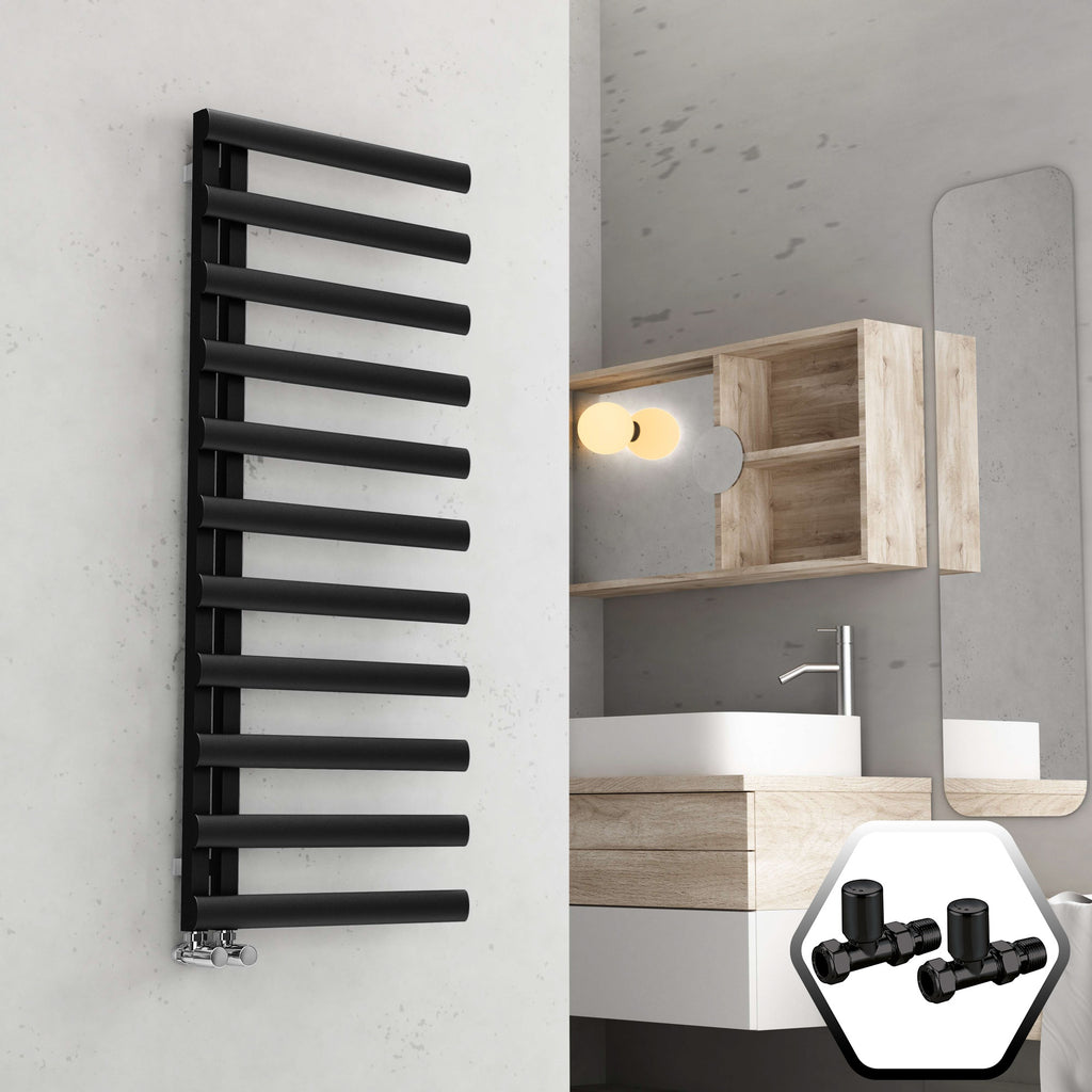 Bubly Bathrooms™ 500x1200 Matt Black Steel Designer Ladder Towel Radiator with Valves