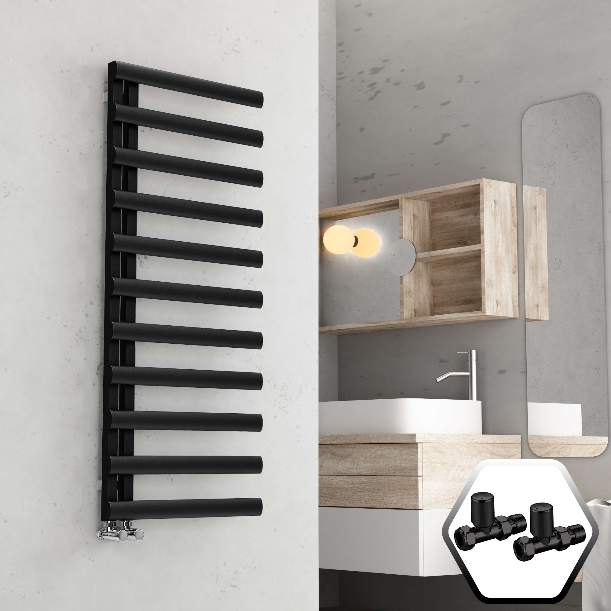 Bubly Bathrooms™ 500x1200 Matt Black Steel Designer Ladder Towel Radiator with Valves