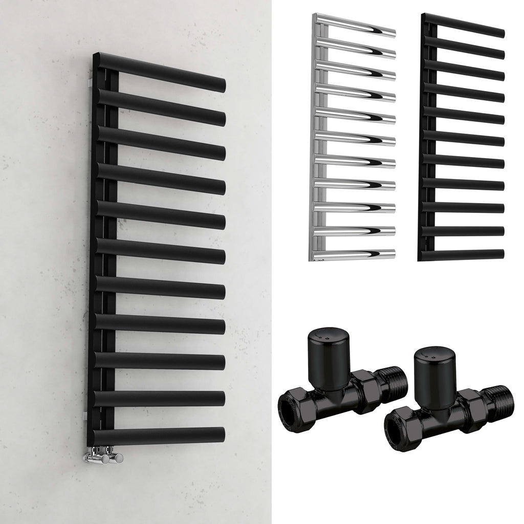 Bubly Bathrooms™ 500x1200 Matt Black Steel Designer Ladder Towel Radiator with Valves