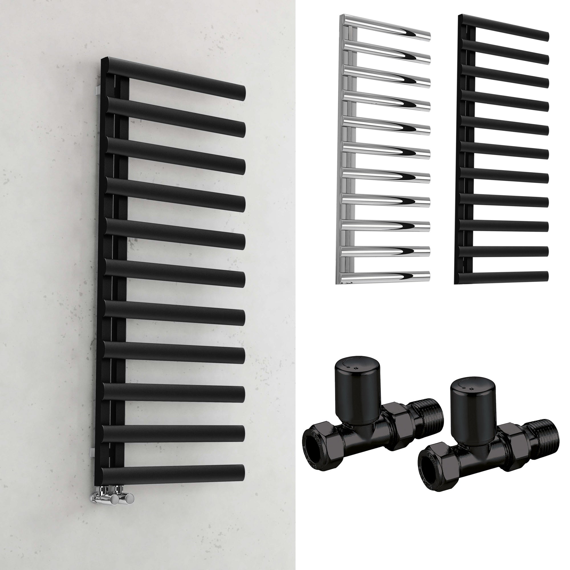 Bubly Bathrooms™ 500x1200 Matt Black Steel Designer Ladder Towel Radiator with Valves