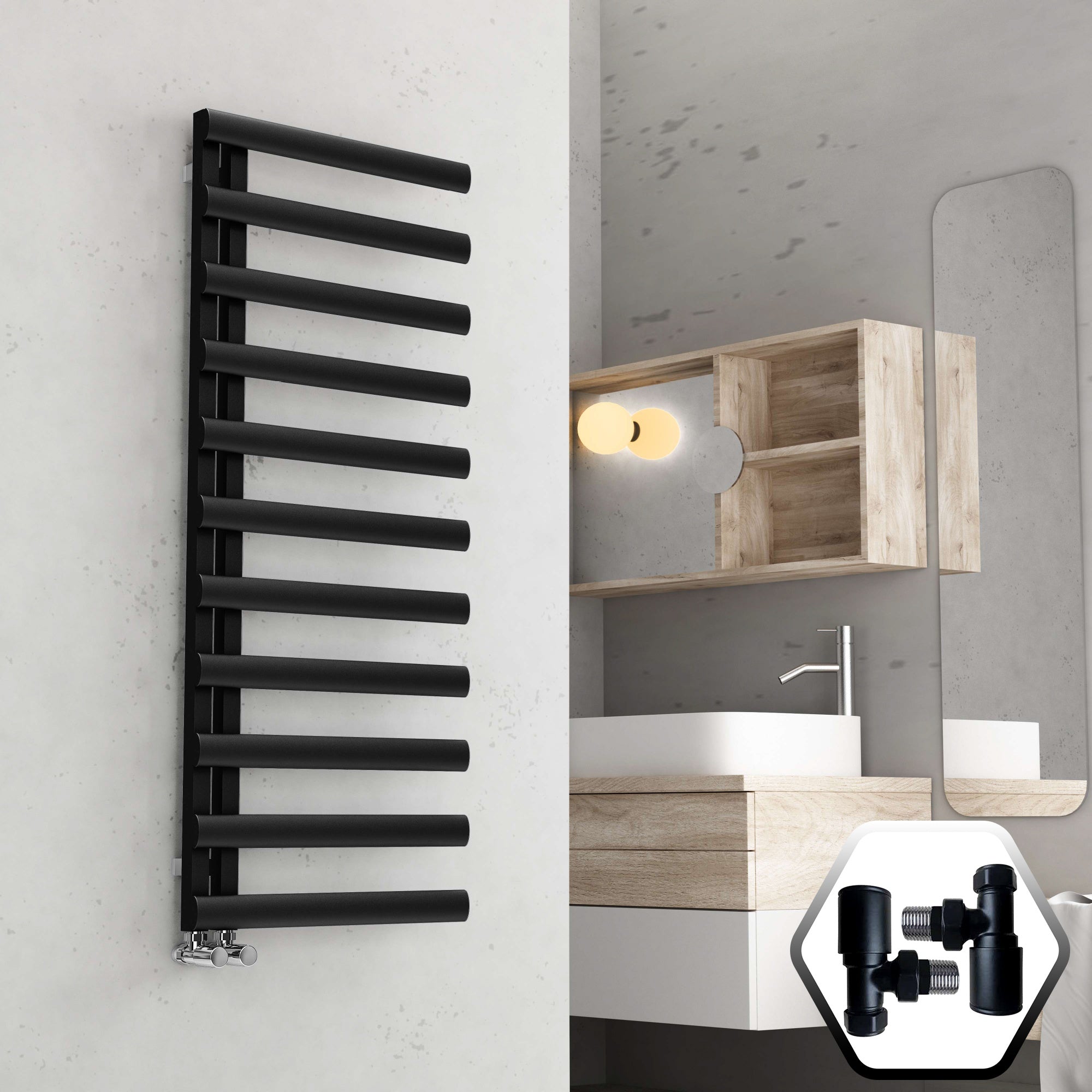 Bubly Bathrooms™ 500 x 1200 Matt Black Steel Designer Towel Radiator with Angled Valves