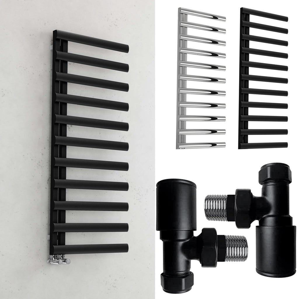 Bubly Bathrooms™ 500 x 1200 Matt Black Steel Designer Towel Radiator with Angled Valves