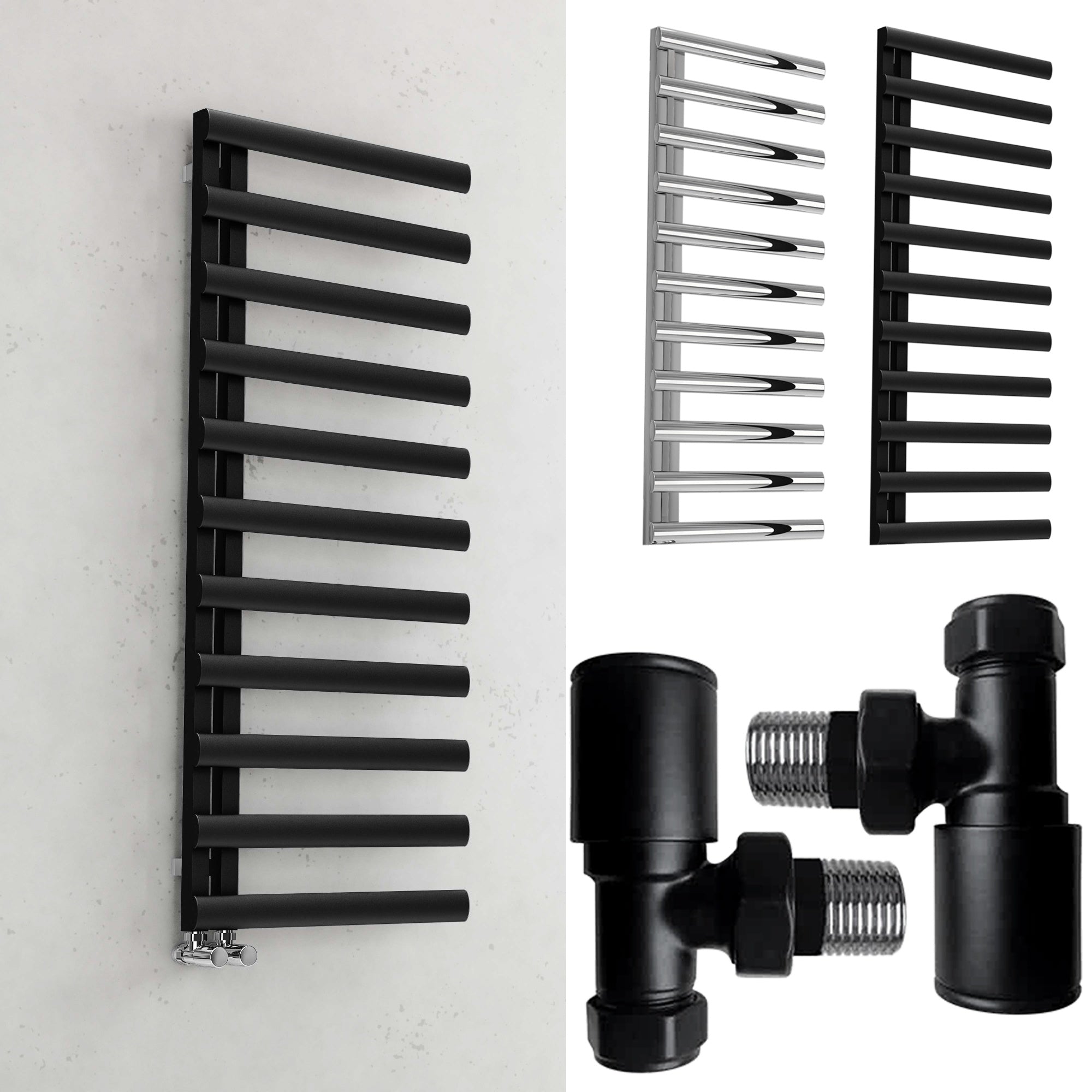 Bubly Bathrooms™ 500 x 1200 Matt Black Steel Designer Towel Radiator with Angled Valves