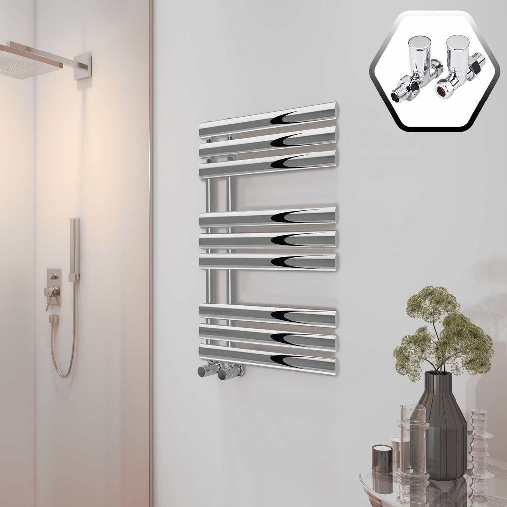 Bubly Bathrooms™ Polished Chrome Designer Towel Rail Radiator, 500x1000mm, with Oval Tubes & Straight Valves
