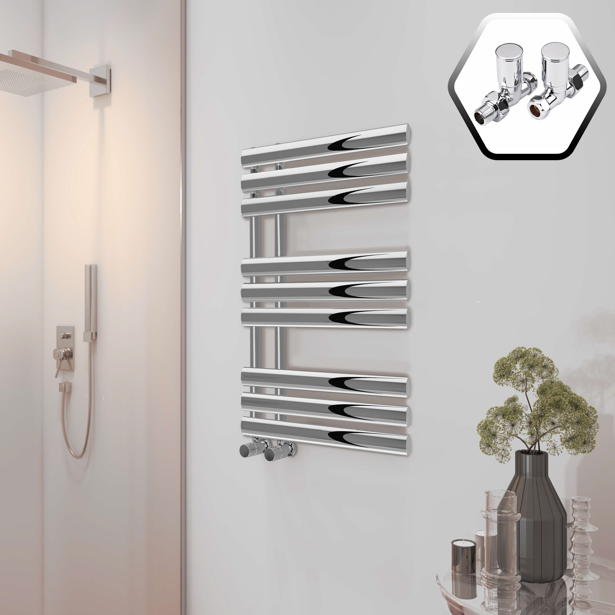 Bubly Bathrooms™ Polished Chrome Designer Towel Rail Radiator, 500x1000mm, with Oval Tubes & Straight Valves