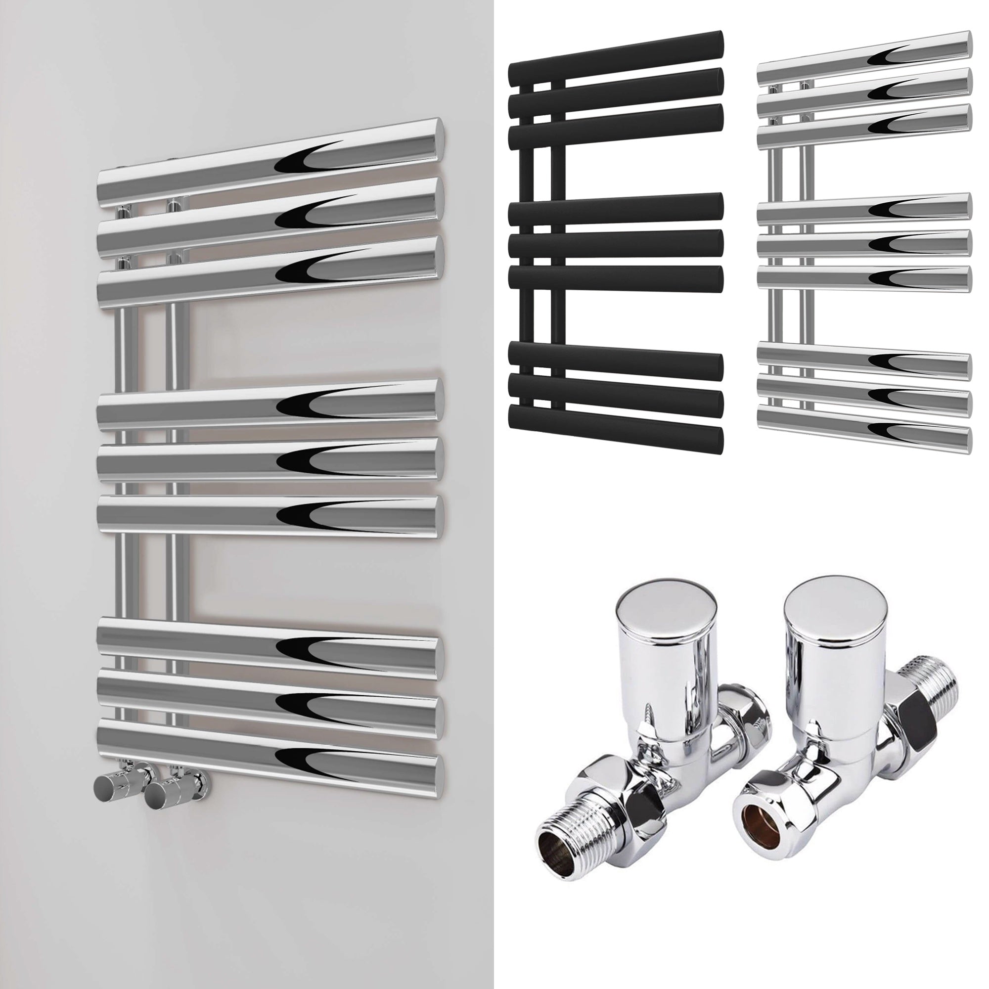 Bubly Bathrooms™ Polished Chrome Designer Towel Rail Radiator, 500x1000mm, with Oval Tubes & Straight Valves
