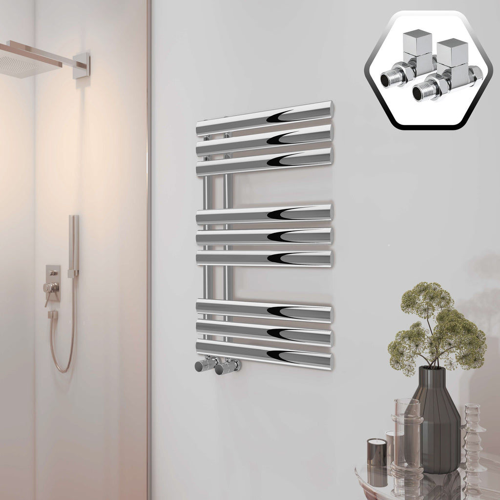 Bubly Bathrooms 500x1000 Designer Chrome Towel Warmer Radiator with Square Straight Valves - Modern Steel Ladder Rail