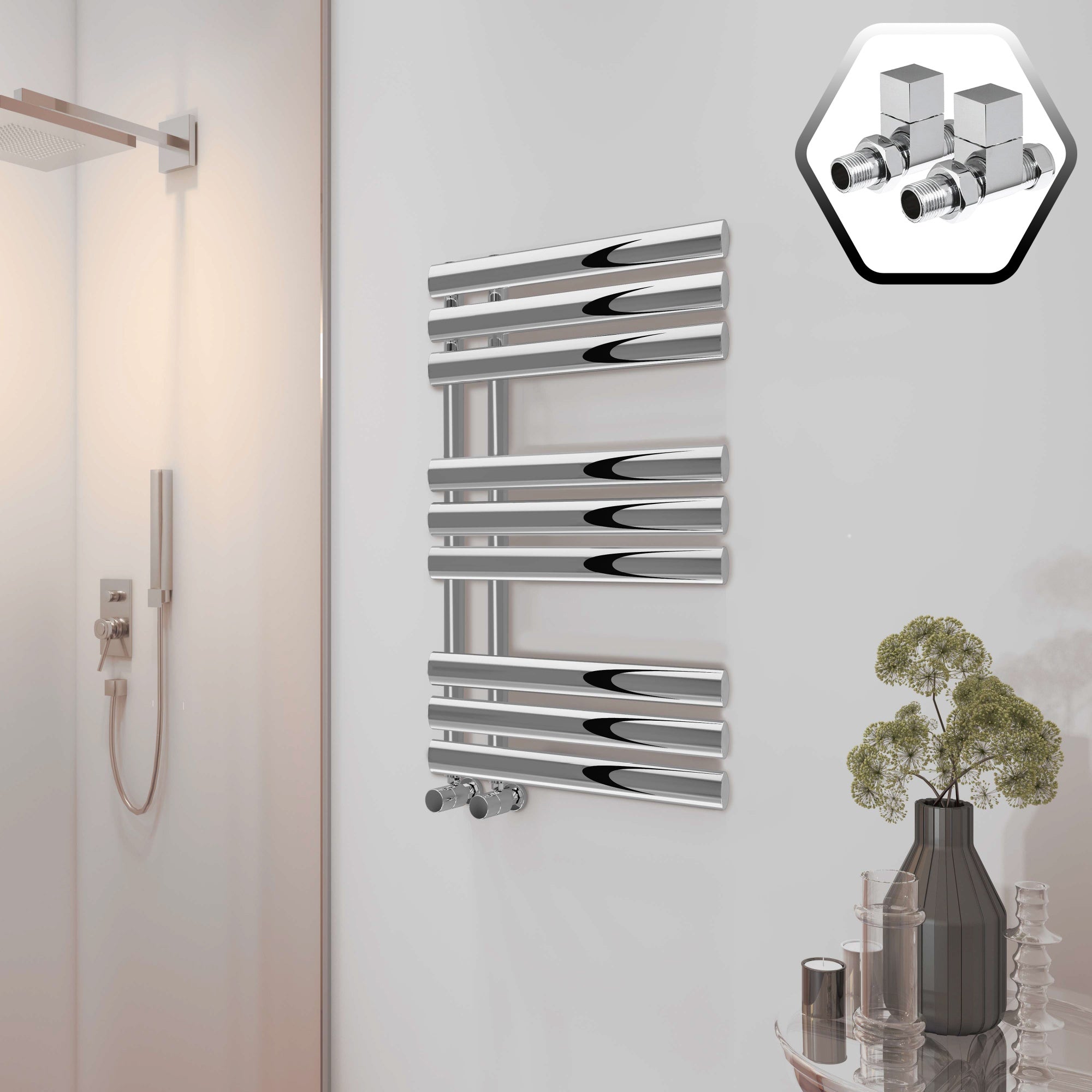 Bubly Bathrooms 500x1000 Designer Chrome Towel Warmer Radiator with Square Straight Valves - Modern Steel Ladder Rail