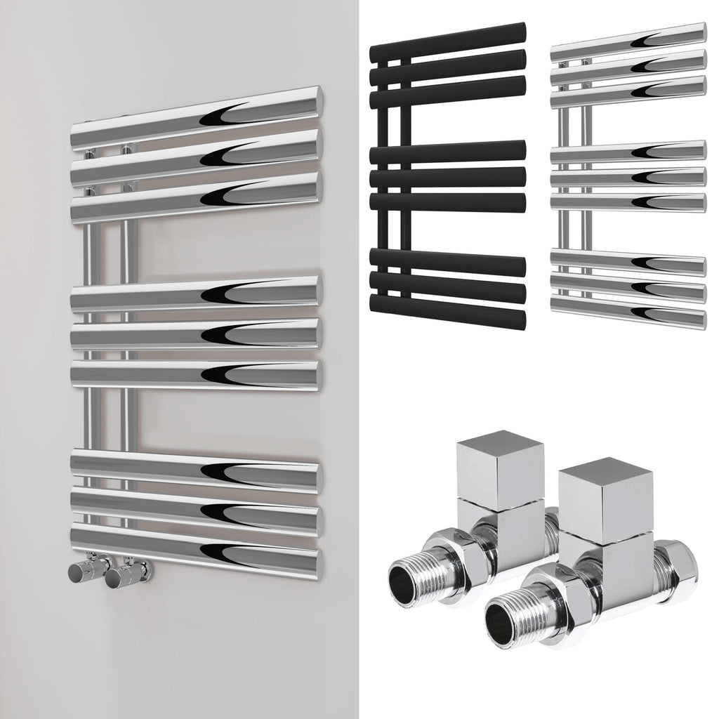 Bubly Bathrooms 500x1000 Designer Chrome Towel Warmer Radiator with Square Straight Valves - Modern Steel Ladder Rail