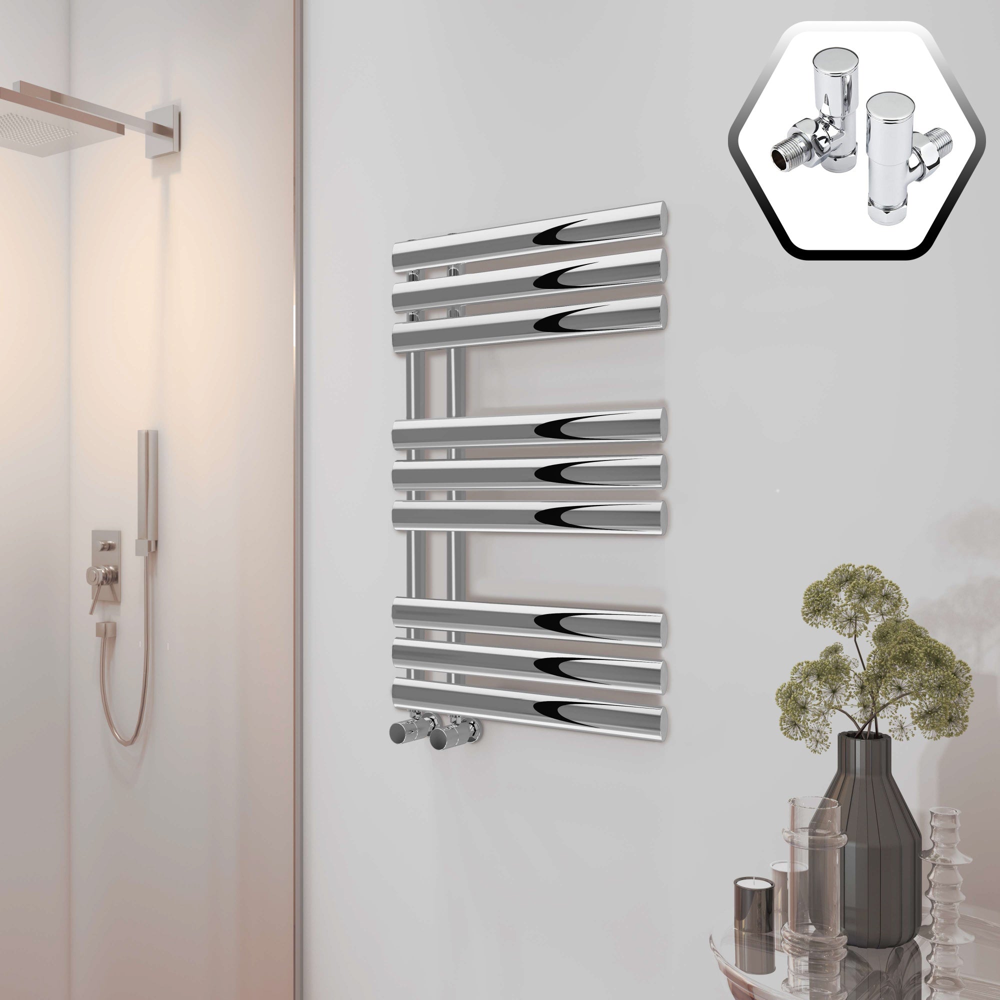 Bubly Bathrooms™ Chrome Designer Towel Radiator 500x1000mm, Steel Ladder Rail with Angled Valves