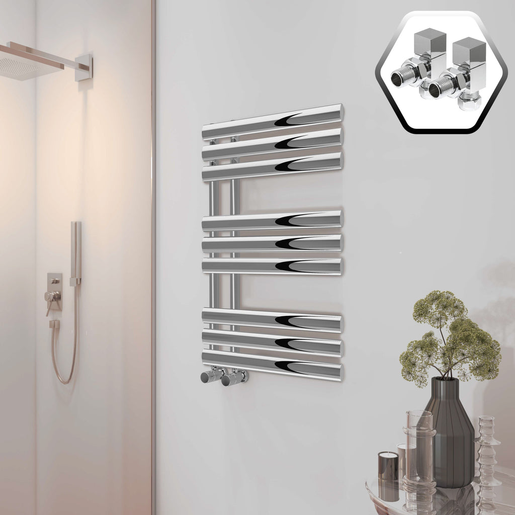 Bubly Bathrooms 500x1000mm Designer Chrome Towel Warmer Radiator with Square Angled Valves, Steel Ladder Rail