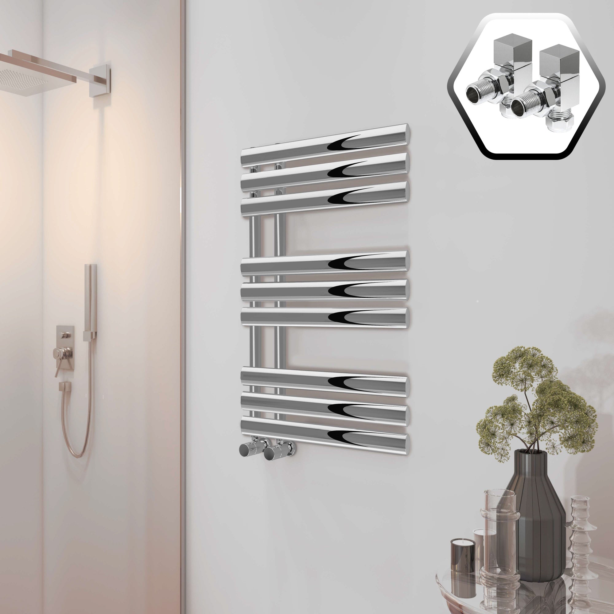 Bubly Bathrooms 500x1000mm Designer Chrome Towel Warmer Radiator with Square Angled Valves, Steel Ladder Rail