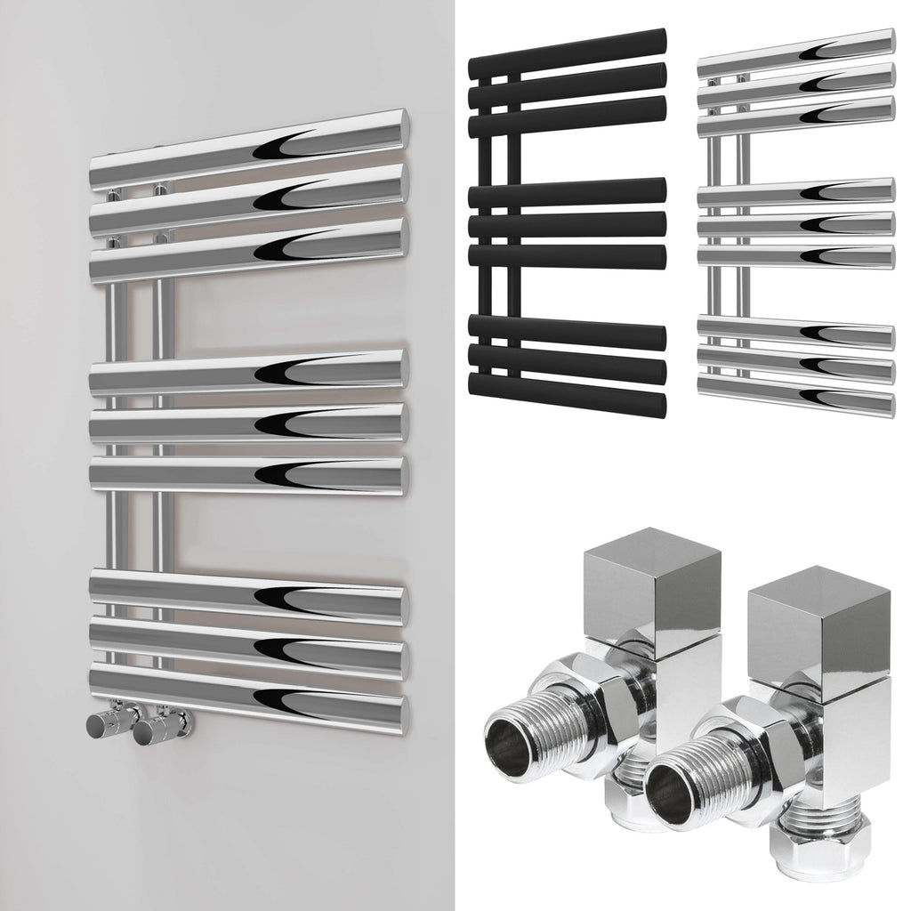 Bubly Bathrooms 500x1000mm Designer Chrome Towel Warmer Radiator with Square Angled Valves, Steel Ladder Rail