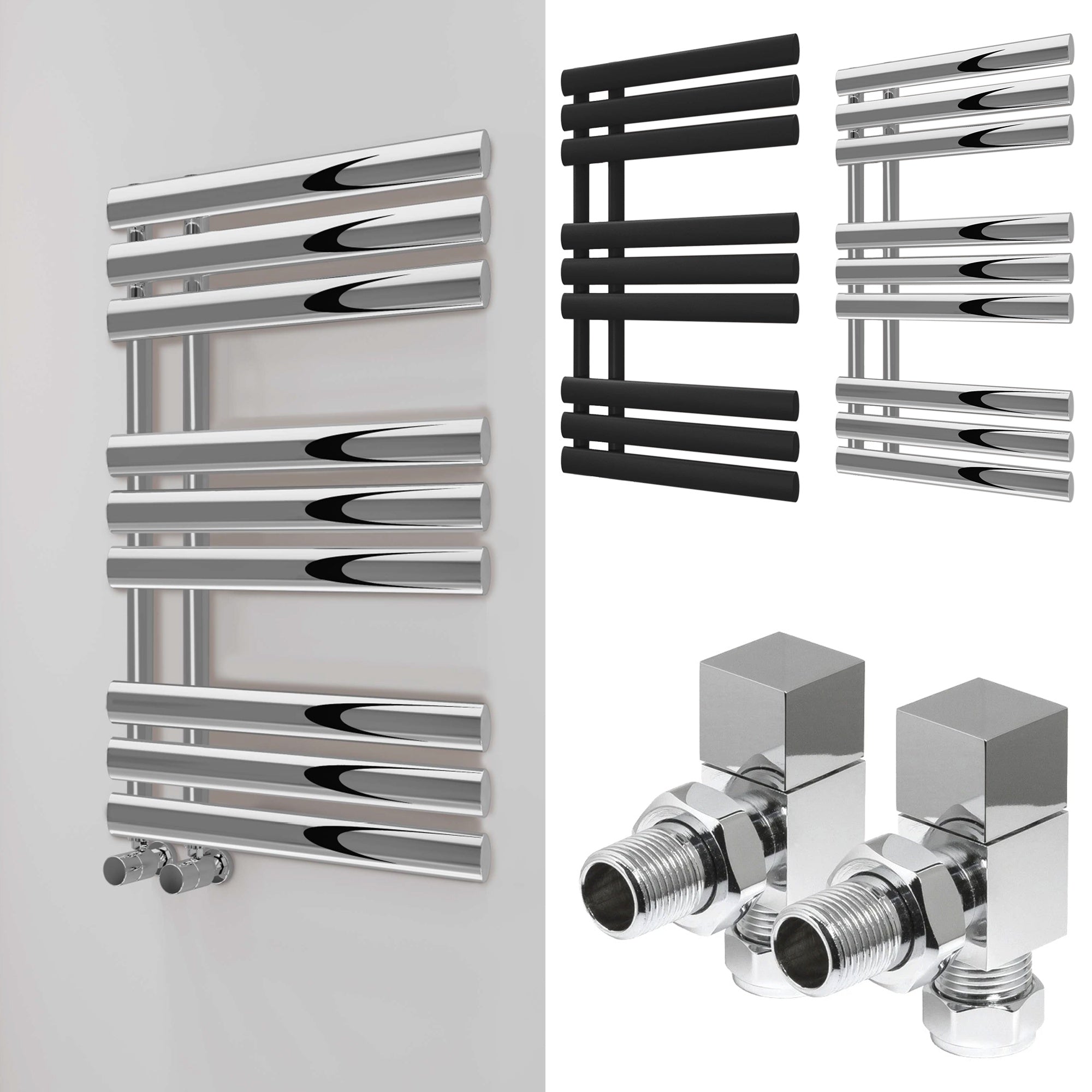 Bubly Bathrooms 500x1000mm Designer Chrome Towel Warmer Radiator with Square Angled Valves, Steel Ladder Rail