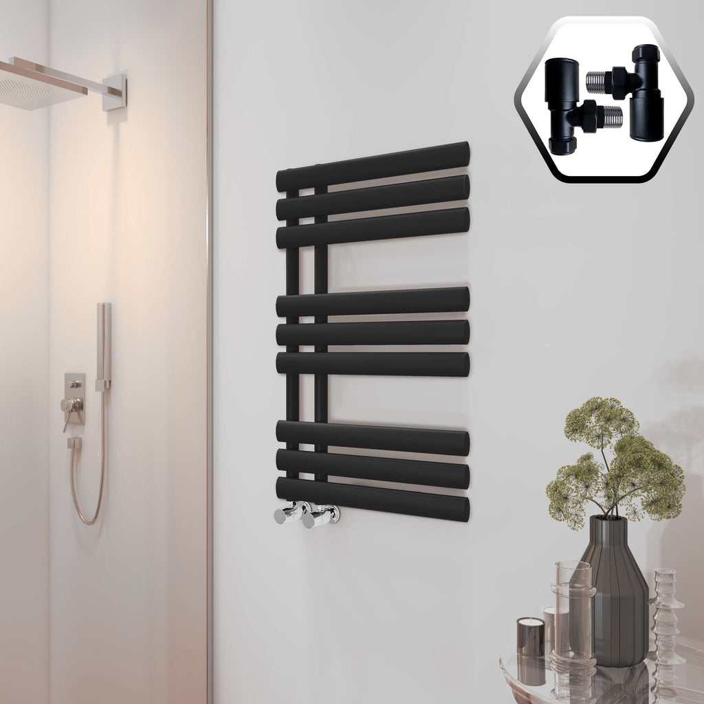 Bubly Bathrooms™ 500x1000mm Designer Towel Warmer: Matte Black Steel Ladder Rail Radiator with Angled Valves