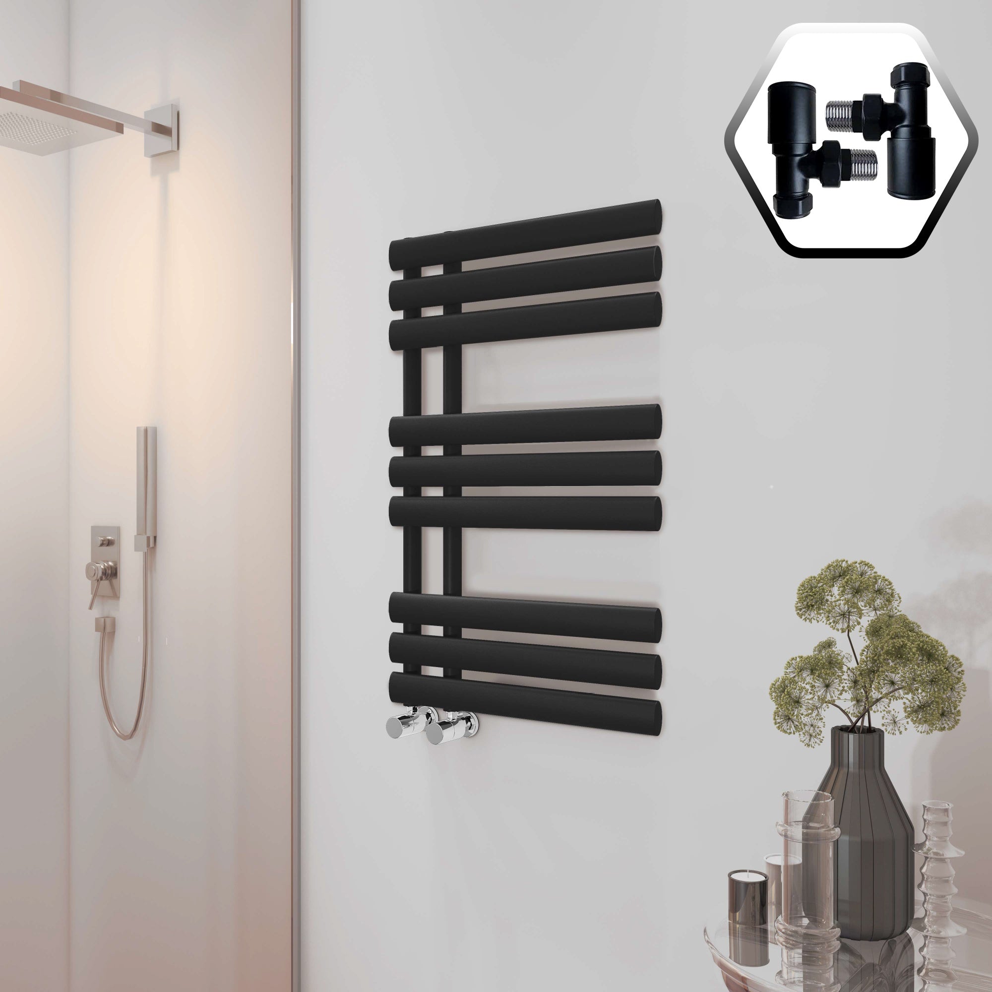 Bubly Bathrooms™ 500x1000mm Designer Towel Warmer: Matte Black Steel Ladder Rail Radiator with Angled Valves