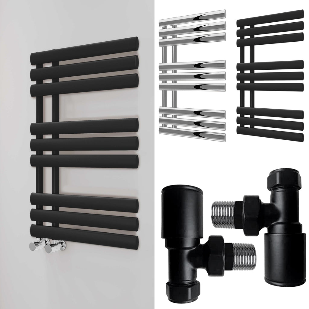 Bubly Bathrooms™ 500x1000mm Designer Towel Warmer: Matte Black Steel Ladder Rail Radiator with Angled Valves
