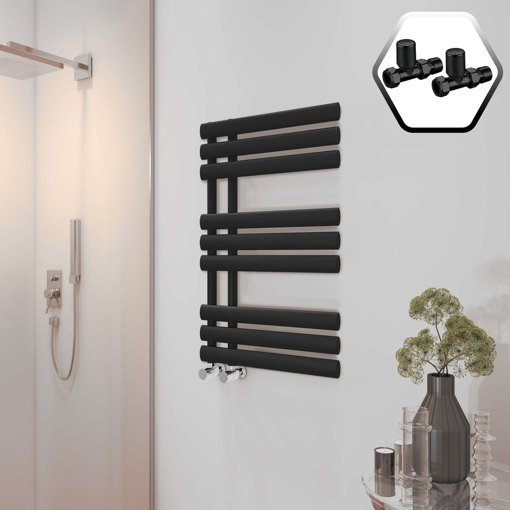 Bubly Bathrooms™ 500x1000 Matt Black Designer Steel Towel Rail Radiator with Straight Valves