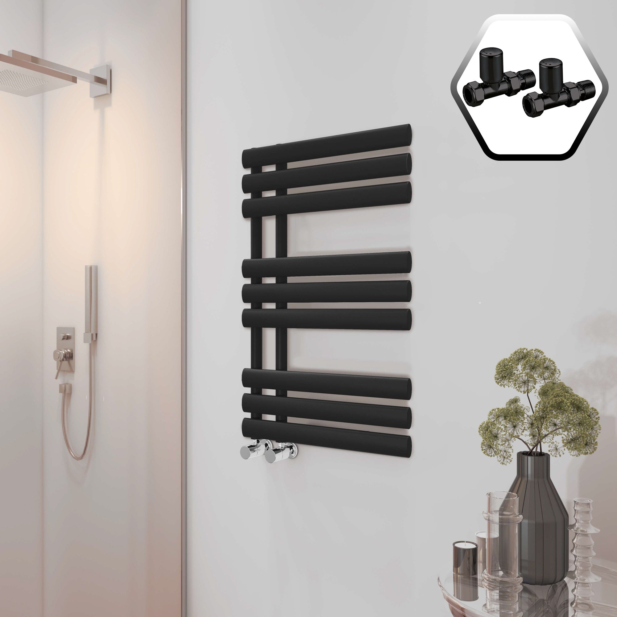 Bubly Bathrooms™ 500x1000 Matt Black Designer Steel Towel Rail Radiator with Straight Valves