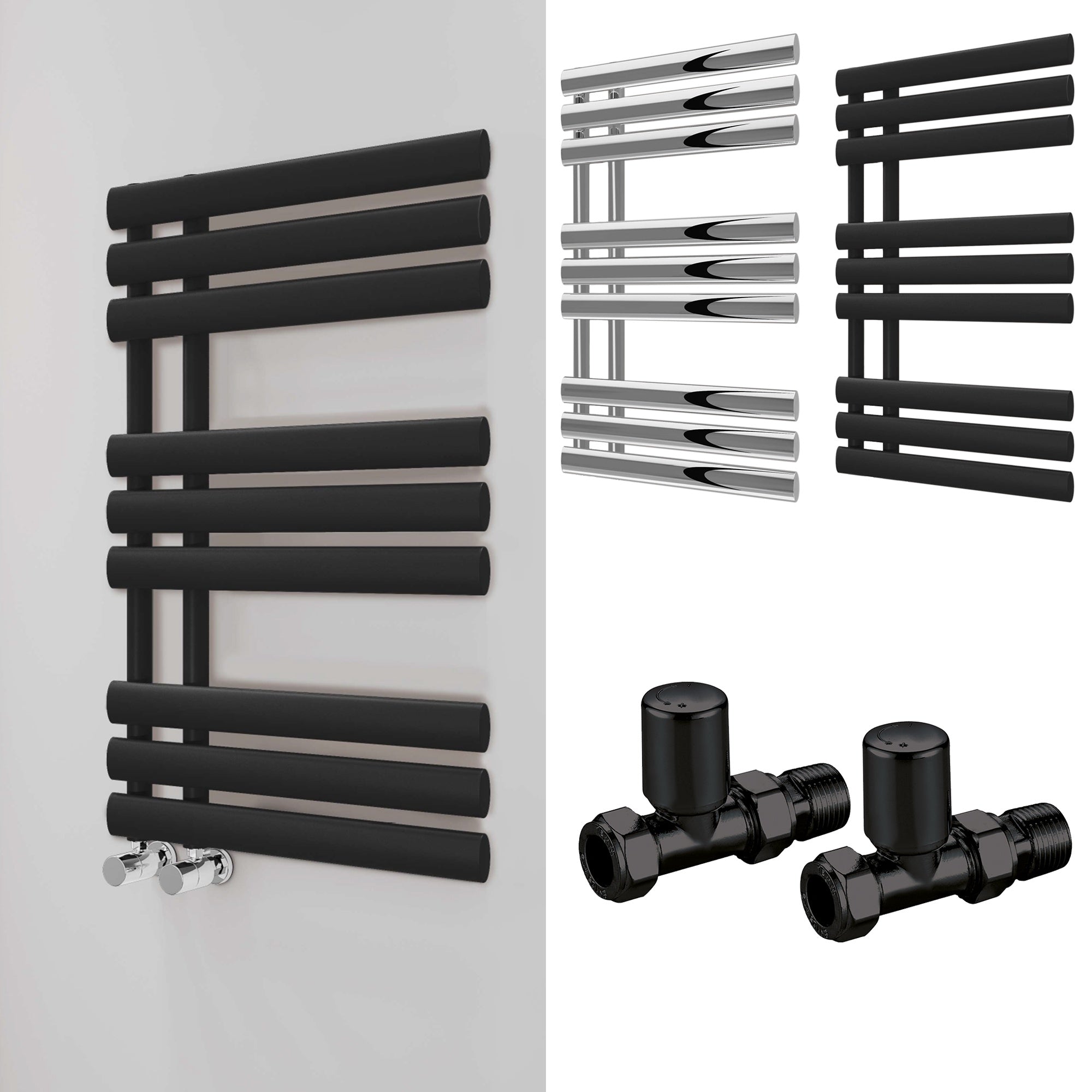 Bubly Bathrooms™ 500x1000 Matt Black Designer Steel Towel Rail Radiator with Straight Valves