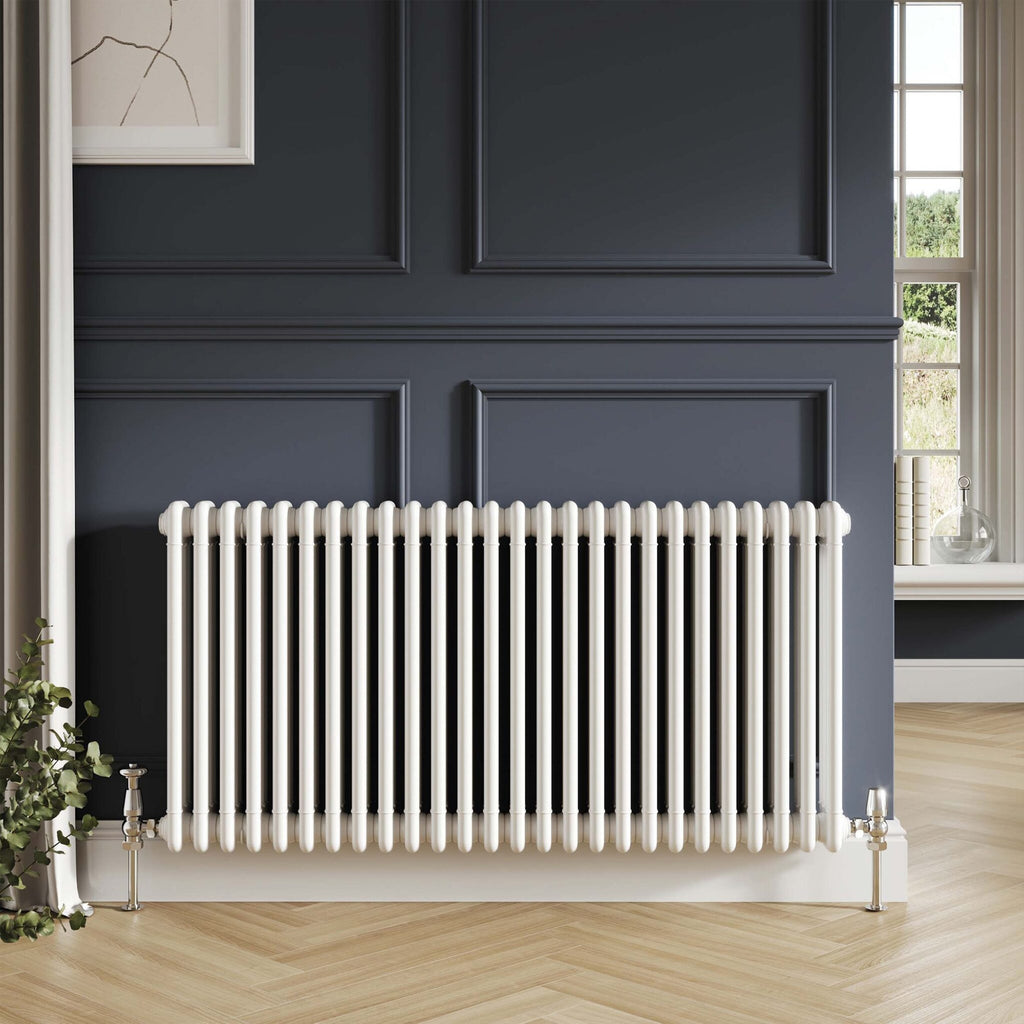 Bubly Bathrooms Premium White Steel 3-Column Horizontal Radiator with Matching Feet, 600x650mm - High Heat Output