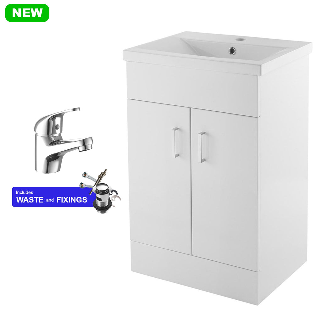 500mm Gloss White Bathroom Vanity Unit with Basin, Soft-Close Doors & Chrome Tap Set - Ideal for Cloakrooms