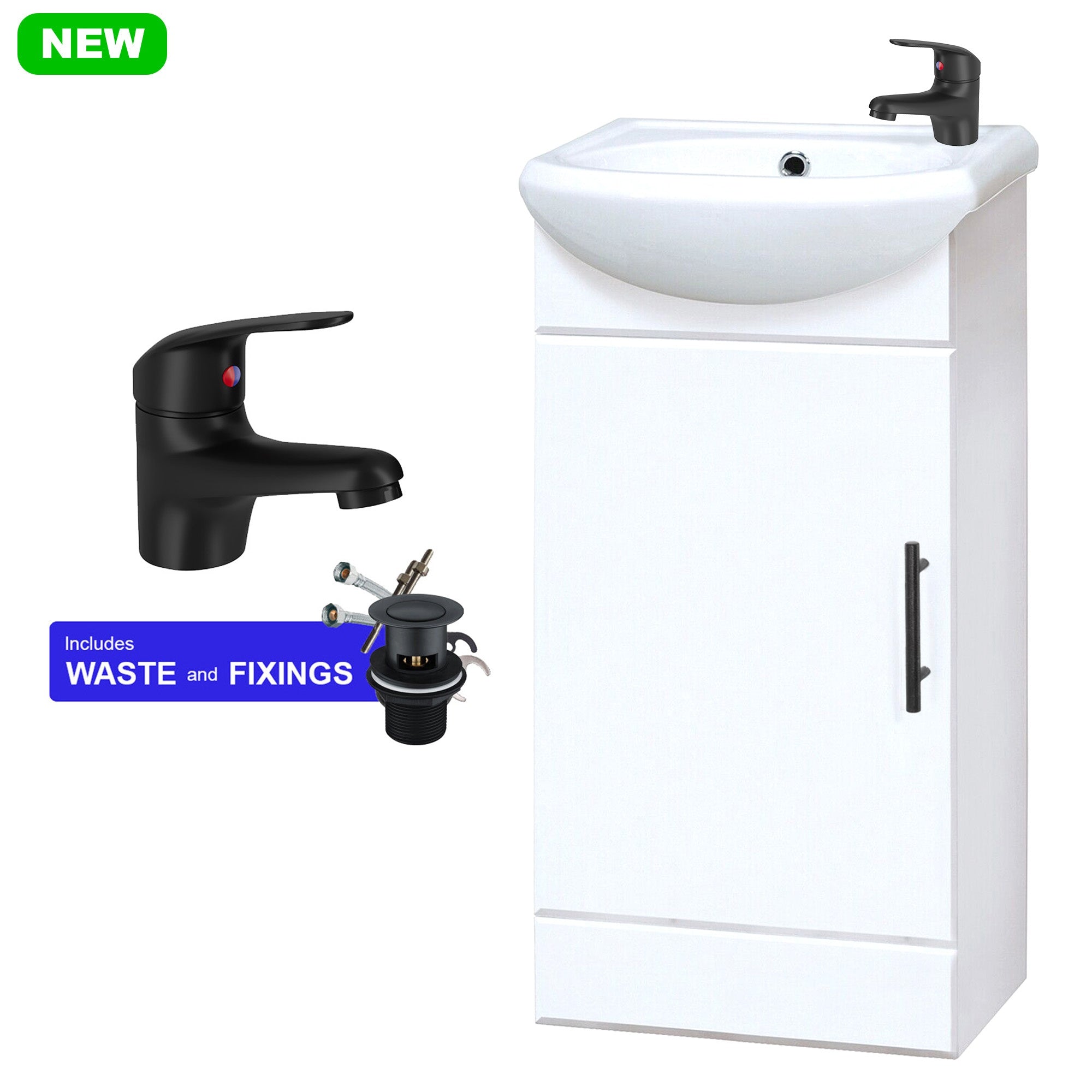 Gloss White 400mm Freestanding Bathroom Vanity Unit with Basin, Black Tap & Waste Set