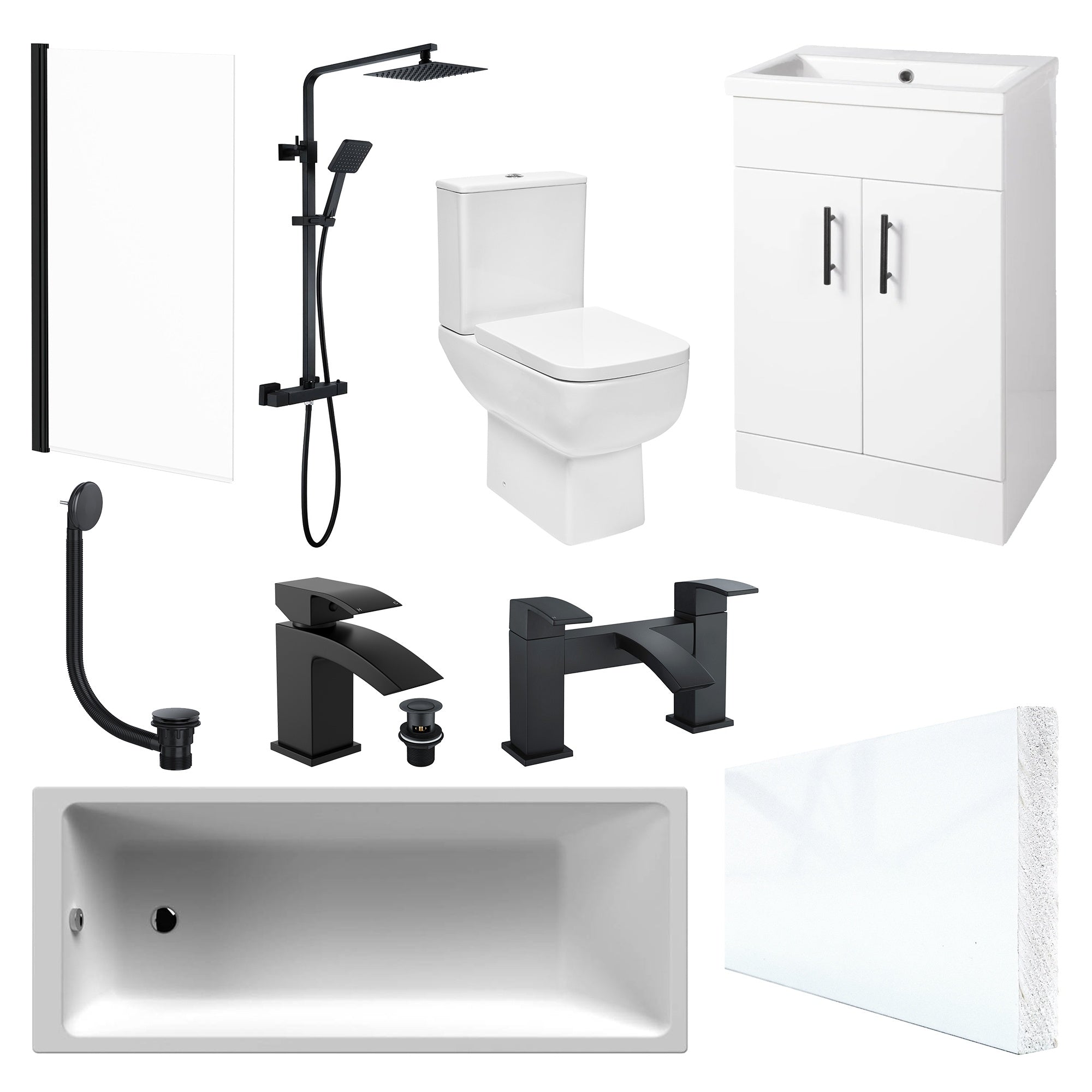 FNX Modern Bathroom Suite 1700x700 Bath & Vanity Unit, Matt Black Shower, Taps & WC, Durable & Stylish