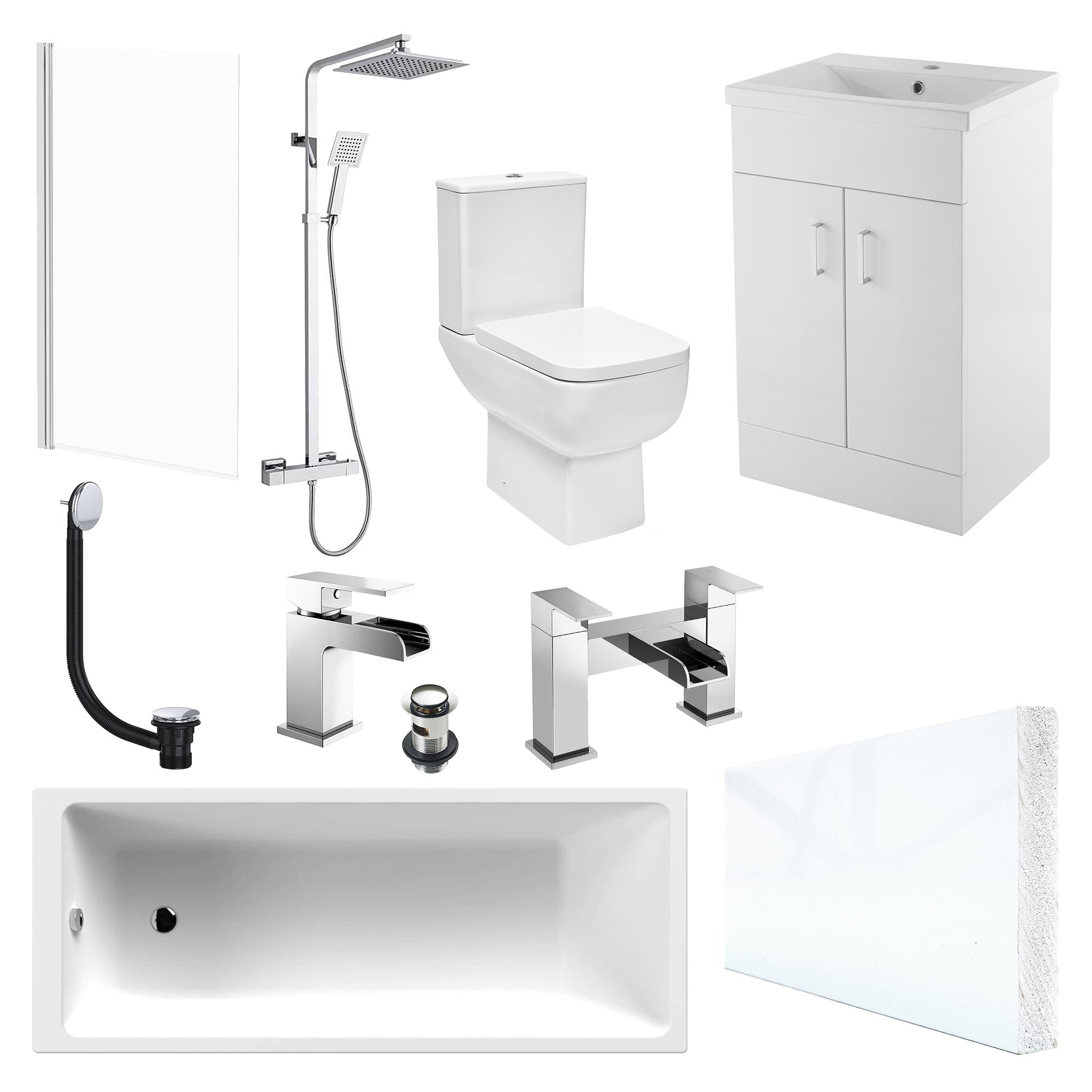 Modern Bathroom Suite 1700mm Bath, Soft-Close WC, Gloss White Vanity & Thermostatic Shower Set
